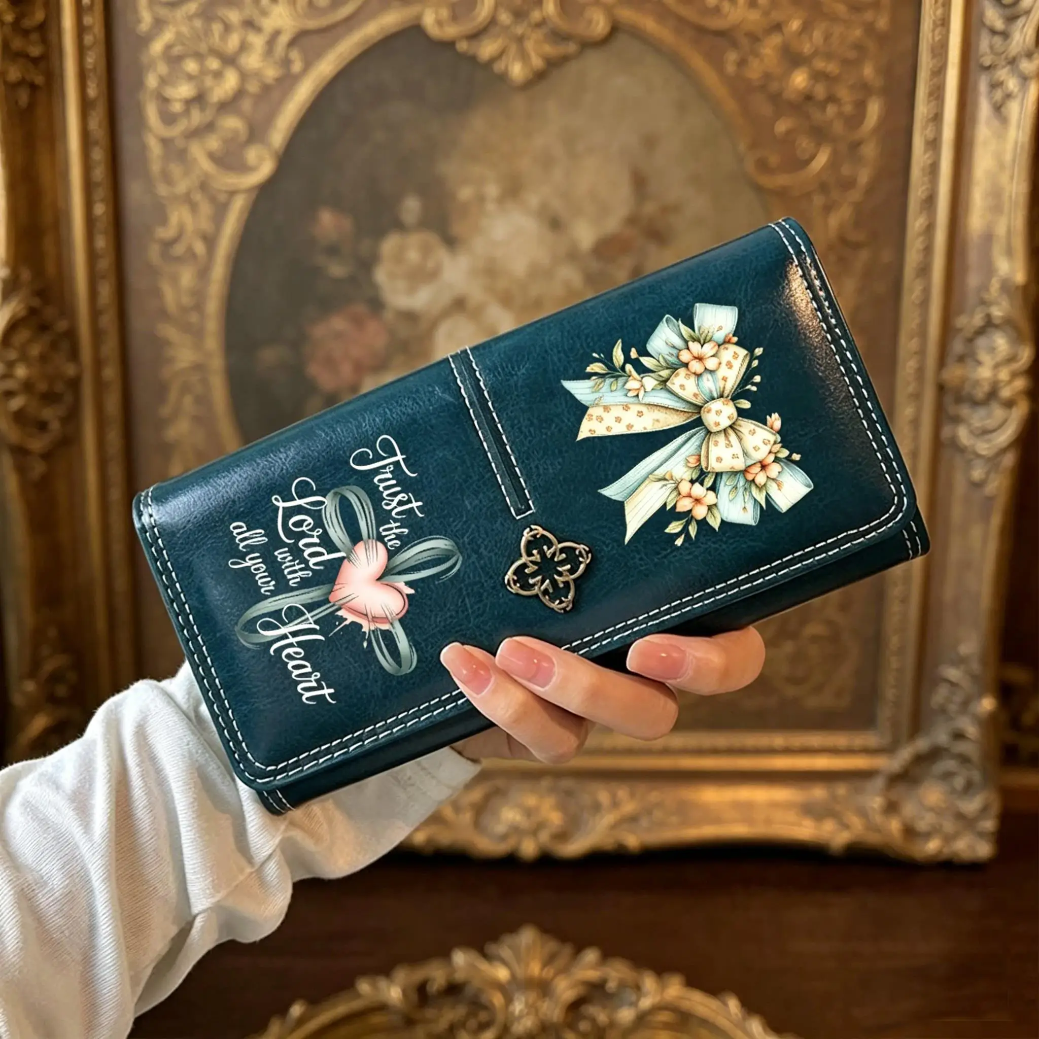 Cross Heart Faith Quote Floral Bow Leather Wallet Long Purses for Cards Holder Wallets with Zip Coin Pocket Ladies Handbags