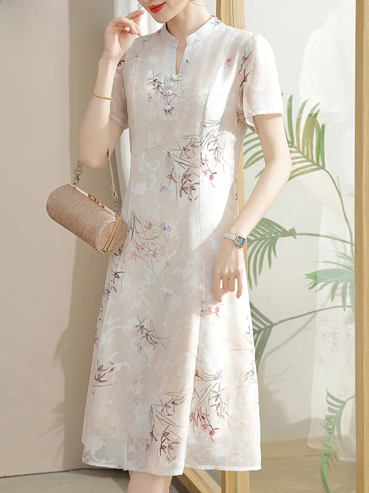 

Модное платье-ципао для мам с коротким рукавом, одежда для женщин среднего и пожилого возраста, юбка в национальном стиле, V-образный вырез, свободный крой