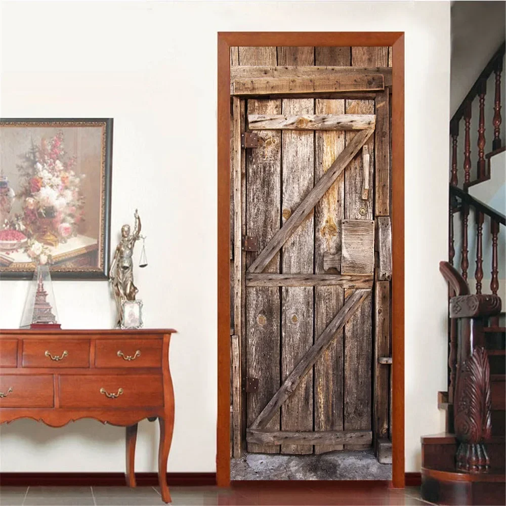 Wood Grain Door Sticker Mural Waterproof Self-Adhesive Living Room Bedroom DIY Door Wallpaper Wall Decals Removable Art Vinyl