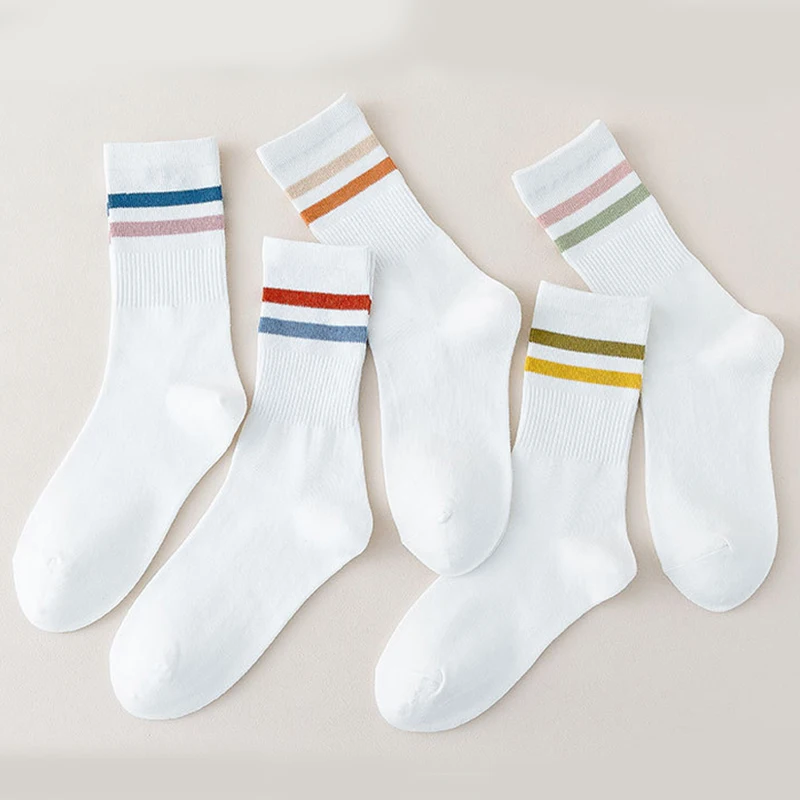 5 Pairs Women White Tube Socks Parallel Bars Sports Casual Socks Contrast Color High Elastic Stripe Stockings All-Match Men and