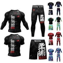 Nowa Jiu Jitsu Fitness obcisła koszulka męska Mma kompresja 4 sztuk/zestawów odzież sportowa Rashguard męska legginsy spodenki do kulturystyki zestaw pochopny