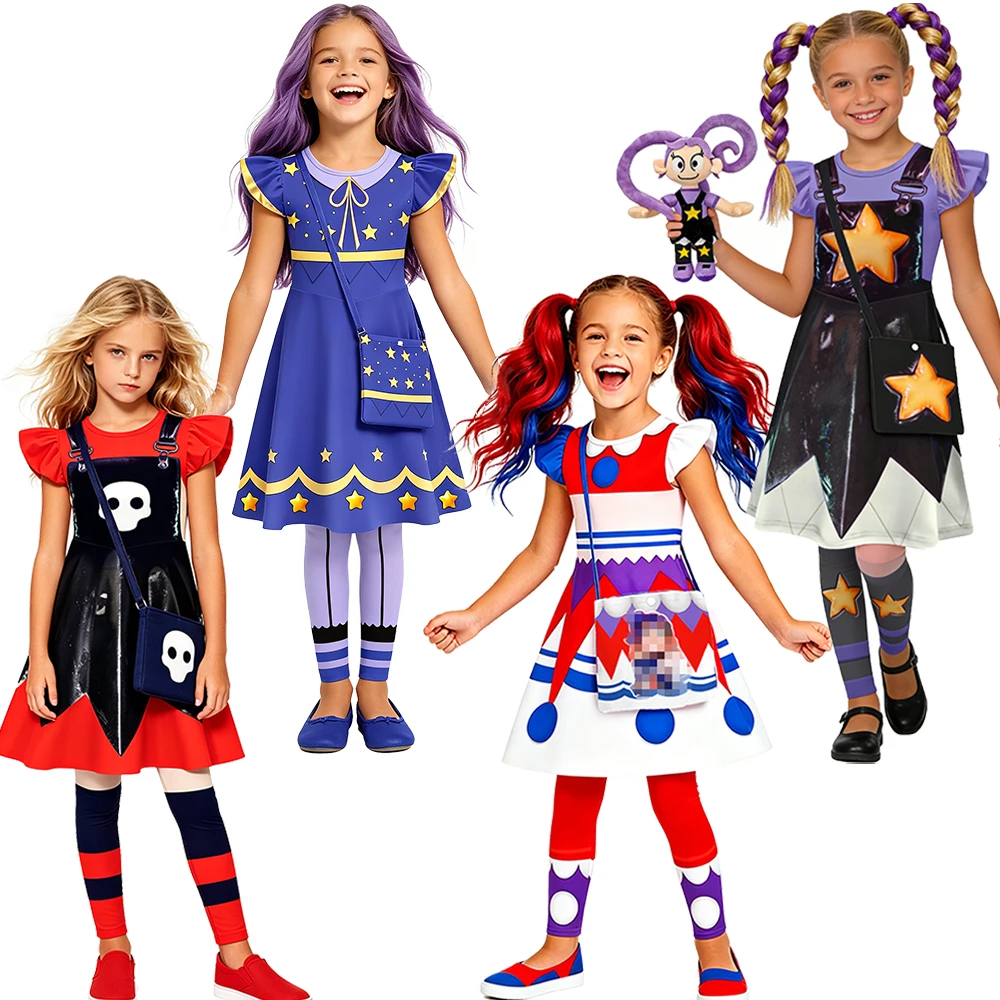Girls Game Character Costume Lily Dress Up Summer Star Skull Clown Print Dress with Bag Leggings for Halloween Themed Party