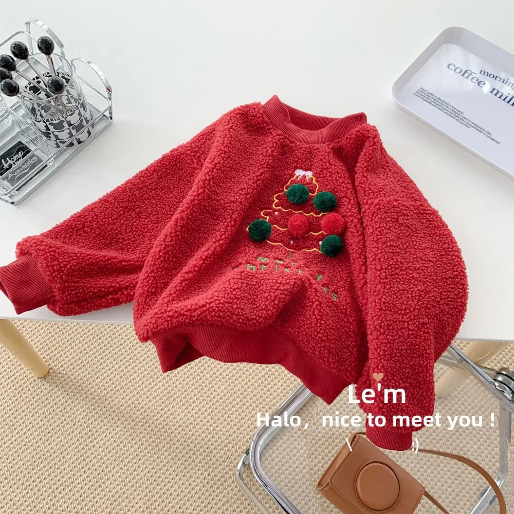 Christmas Lamb Woolen Hoodie 2024 Winter New Plush Warm Children Tops Boys Girls Fashion O-neck Pullover Sweaters Ropa De Niña