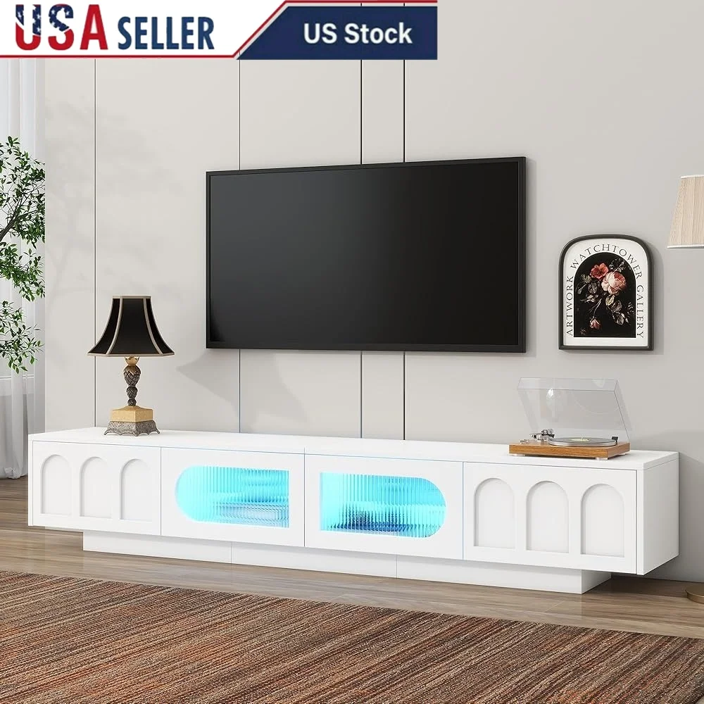 Suporte de TV funcional para TVs de até 95 polegadas Smart LED Light Bluetooth Controle Media Console com gavetas e armários de armazenamento