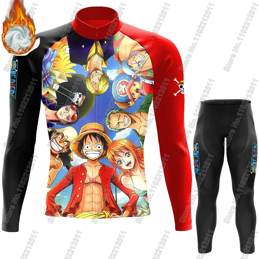 Winter 2025 One Piece Luffy Cycling Jersey Set Men Thermal Fleece Clothing Suit Long Sleeve MTB Bike Road Pants Bib Maillot Ropa