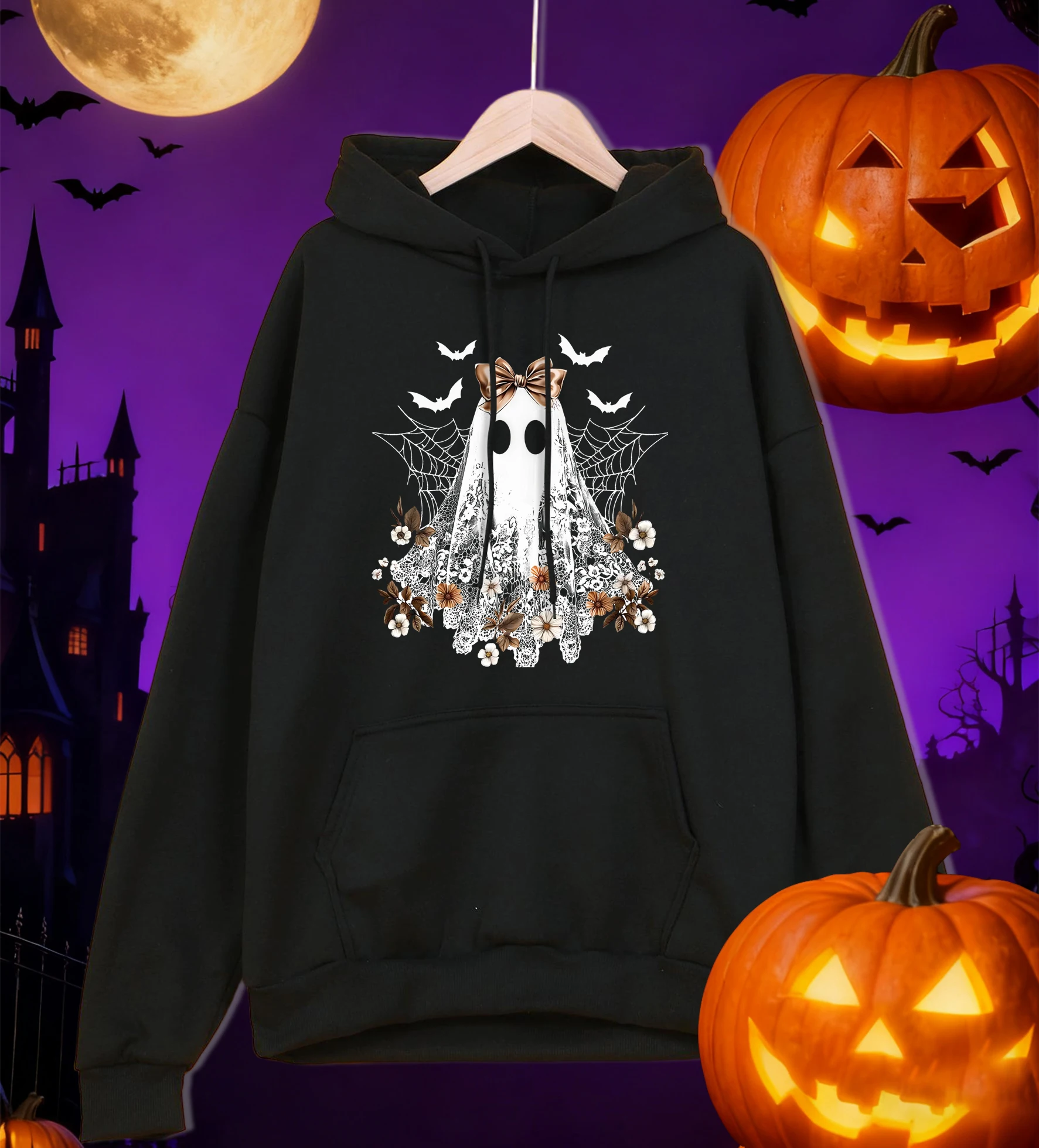 سعيد هالوين الزهور شبح طباعة رجل هوديي الخريف عارضة هودي كل مباراة الصوف هوديس فضفاضة مريحة الذكور الشارع الشهير