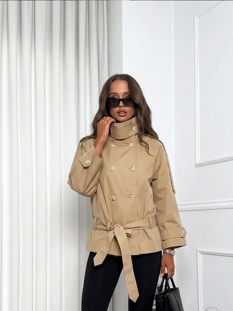 

HH Women Elegant Khaki Trench Coat Stand Neck Buttons Chic Belt Jacket Spring Autumn Loose Solid High Street Windbreaker