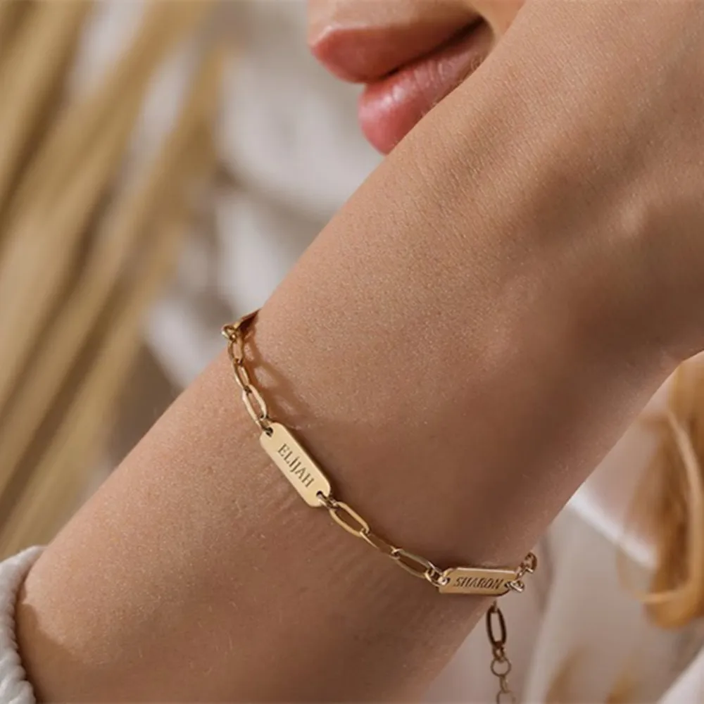 Custom Birthstone Charm Bracelet Stainless Steel Paperclip Chain Personalized Engrave Nameplat Bracelets Summer Beach Gift