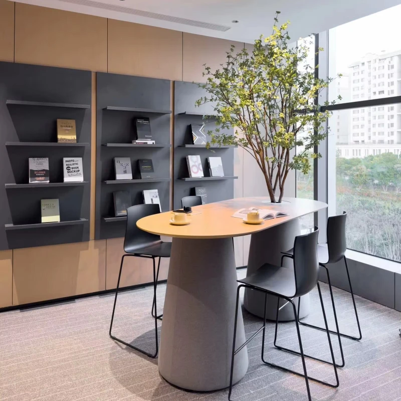 

Modern Durable Eco-friendly Modular Standing Desk Tall Table Textured Fabric Cone Base Solid Wood Desktop Office Rest Area