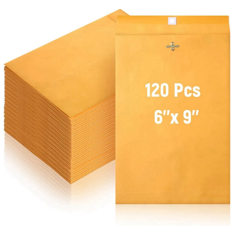 

6 X 9Inch Clasp Envelopes With Gummed Seal, Small Clasp Mailing Envelopes Made From 28Lb Kraft Paper, Bulk 120 Pack Durable