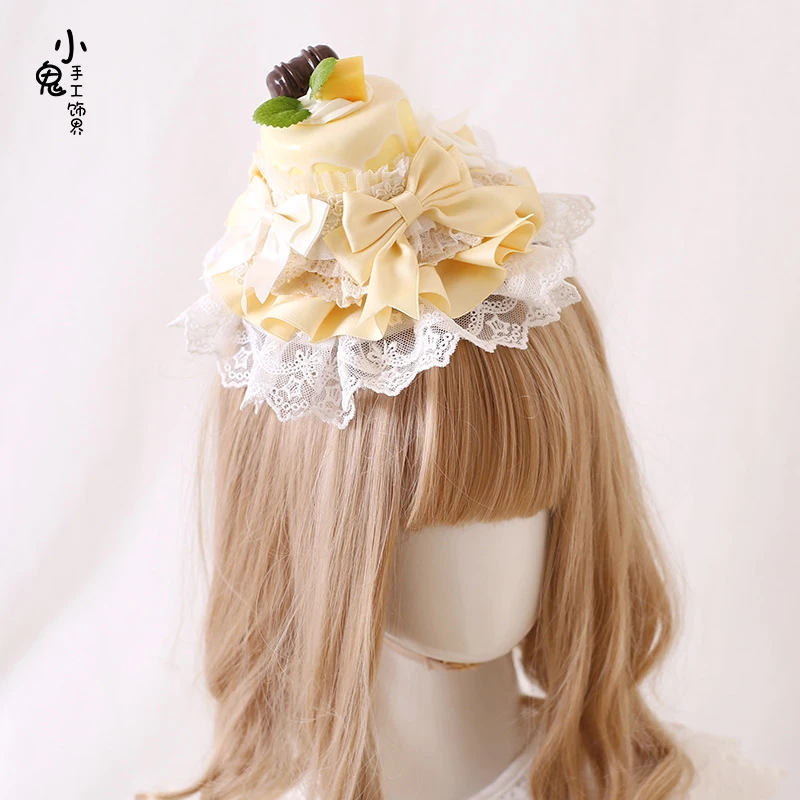 Ribbon Bow Hairband with Hairpins Girls Lolita Lace Ruffled small hat cute cake headdress hair accessories maid headband