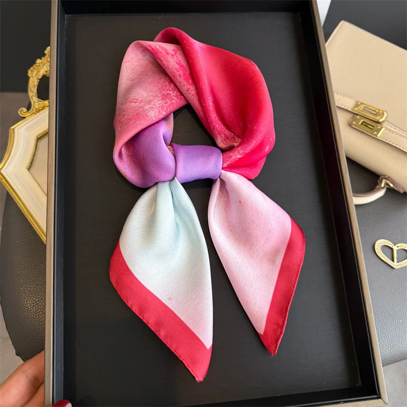 Luxuriöser Seidenschal mit Frühlingsdruck für Damen, weicher Satin-Halstuch, Büro-Hijab, Stirnband, Foulard, Taschenbänder, Geschenk