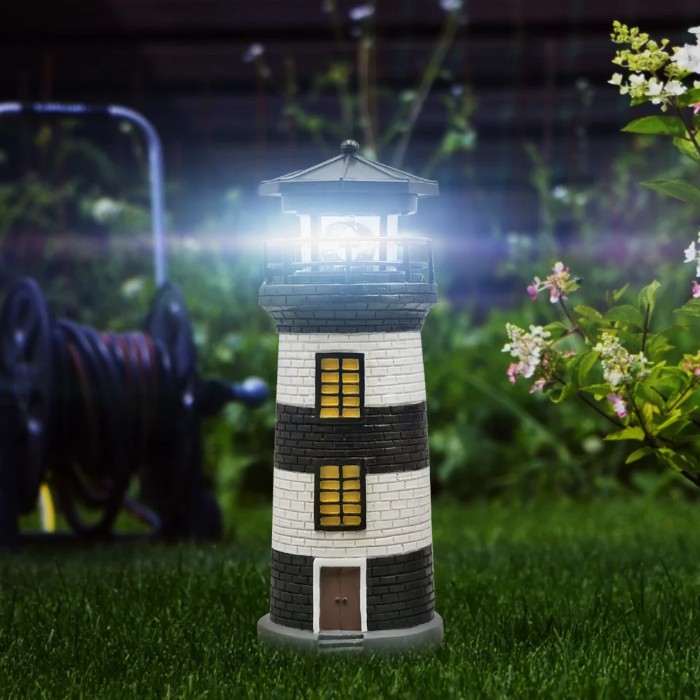 Lighthouse Shape Solar LED Light Garden Fence Yard Outdoor Decoration Smart Sensor Beacon Rotating Lamp