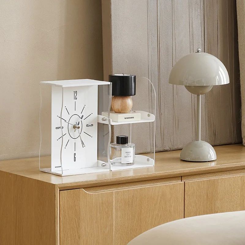 Acrylic Shelf Desk Clock Ornament Personalize Creative Decor Home Silent Table Clock Two-tier Rack for Study Bedroom Living Room