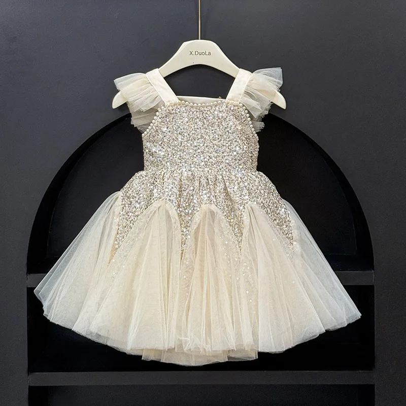 ملابس أطفال بناتي مطرزة بأكمام طائرة فساتين حفلات صيفية جديدة للفتيات سترة شبكية أنيقة فستان الأميرة للحفلات المسائية