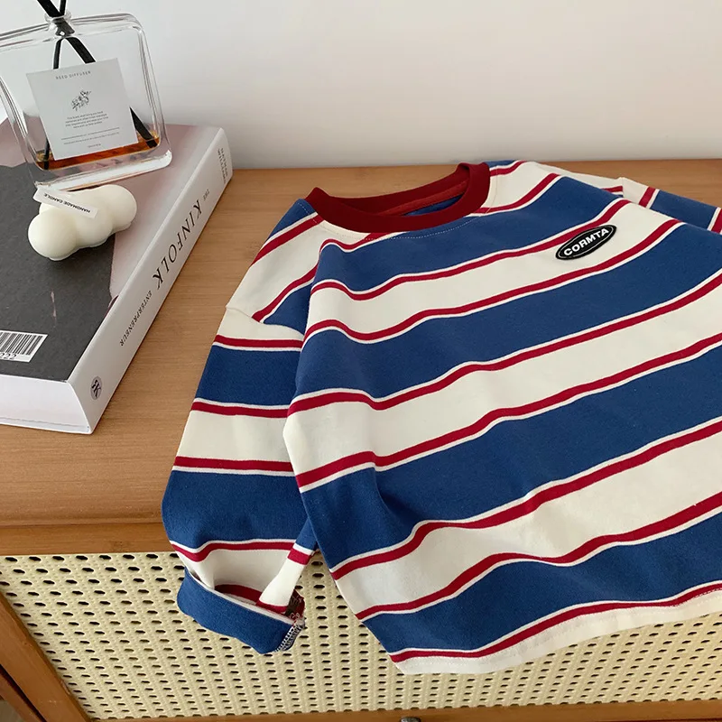 

2-7Y Spring Children Clothes For Baby Girl Boys T-shirt Stripe Cotton Long Sleeves Shirts Teen Hoodie Bottoming Shirt Kids Tops