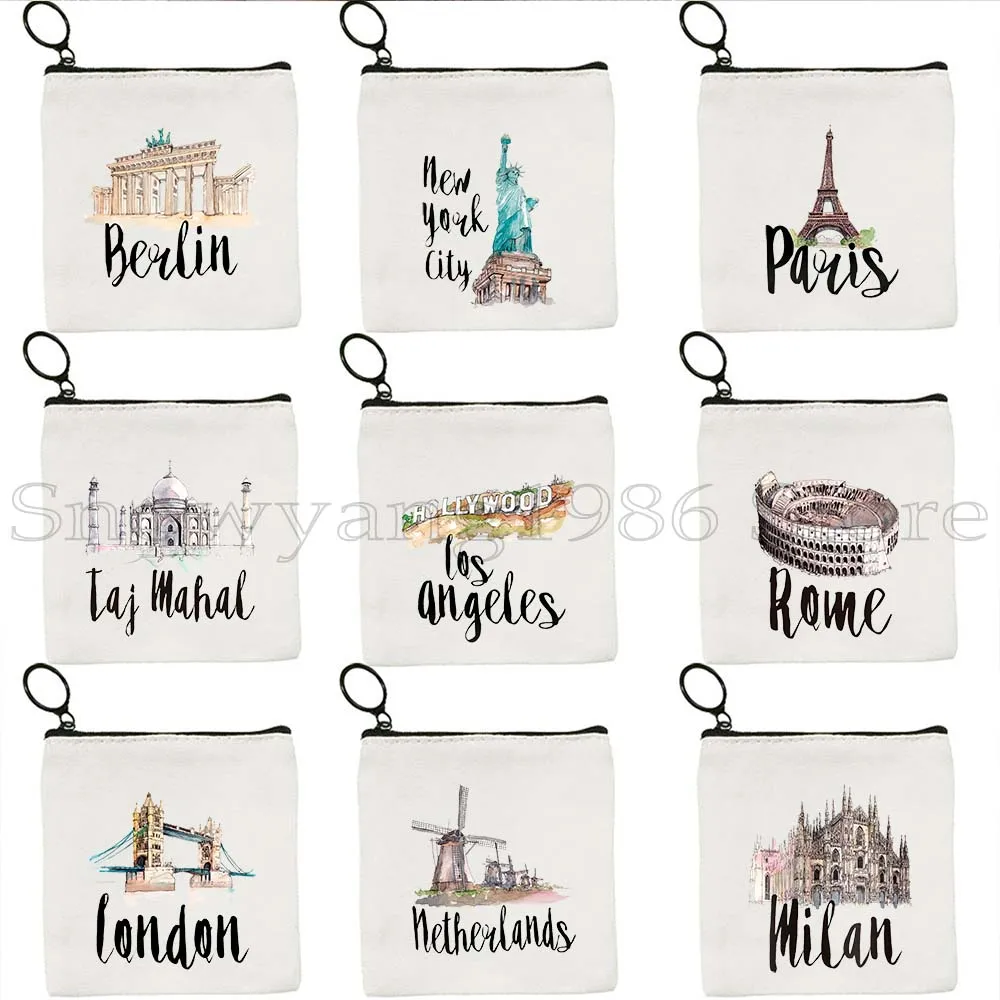 

Taj Mahal Egypt Rome Milan Moscow Netherlands New York Paris Berlin London Canvas Key Coin Purse Case Lipstick Bag Wallet Pouch