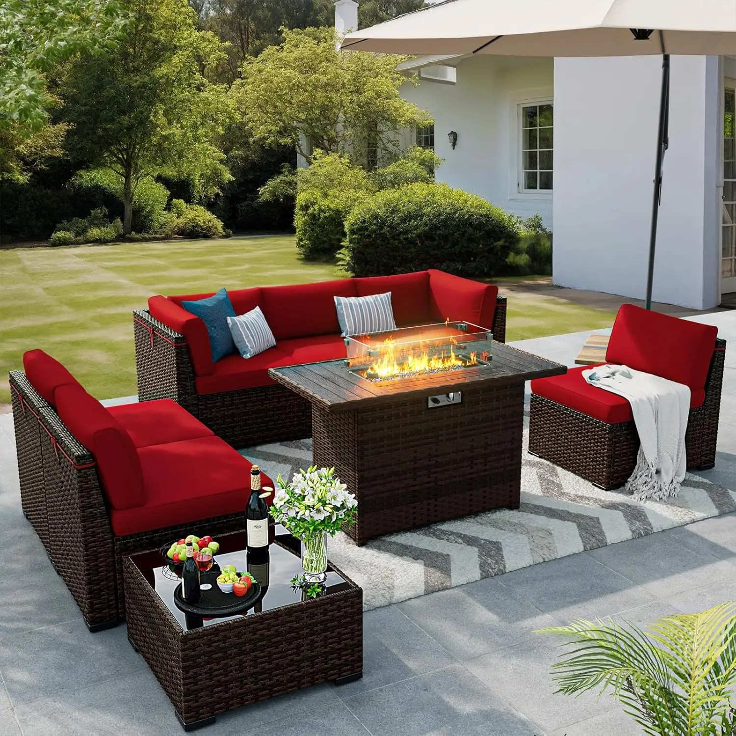 

8 Pieces Outdoor Patio Furniture Set with 44" Fire Pit Table Rattan Sectional Conversation Sets w/Gas Fire Pit