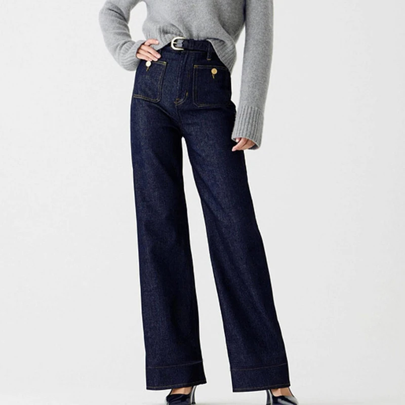 Jeans larghi a vita alta primavera autunno per donna Pantaloni casual a gamba larga tinta unita Donna Comodi tasche con bottoni Pantaloni da donna