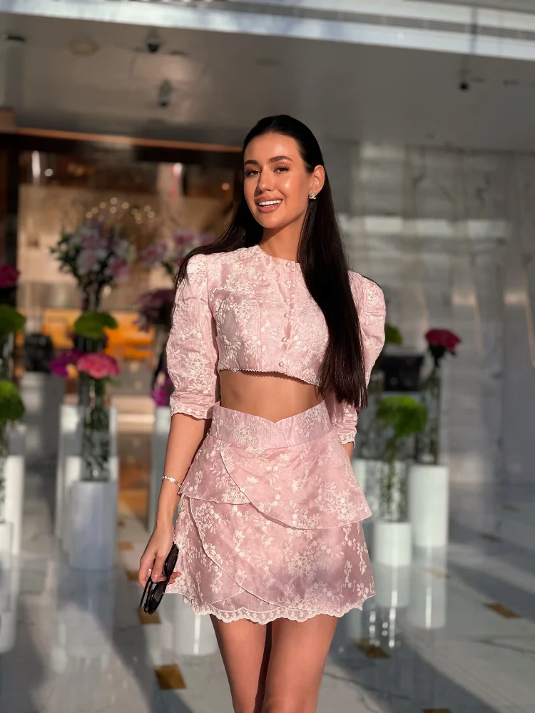 Romantisches Blumenmuster-Set Schickes Trendiges Puffärmel-Oberteil Minirock Damen Sommer Süßes Elegantes Outfit