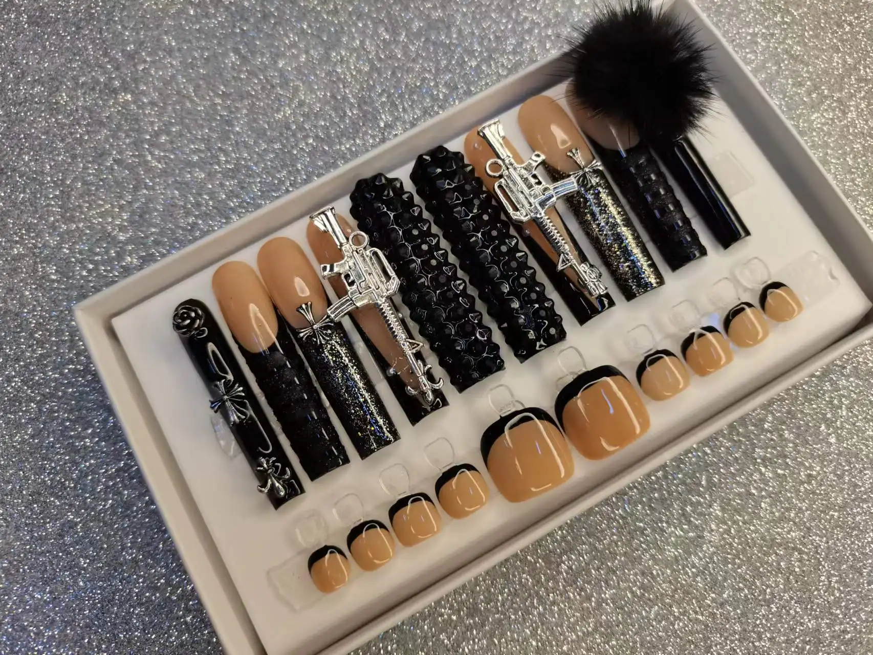 YTYIN تصميم خاص فريد من نوعه طلاء يدوي من الأكريليك أظافر صناعية طويلة على شكل نعش اضغط على الأظافر للأصابع والأصابع #2