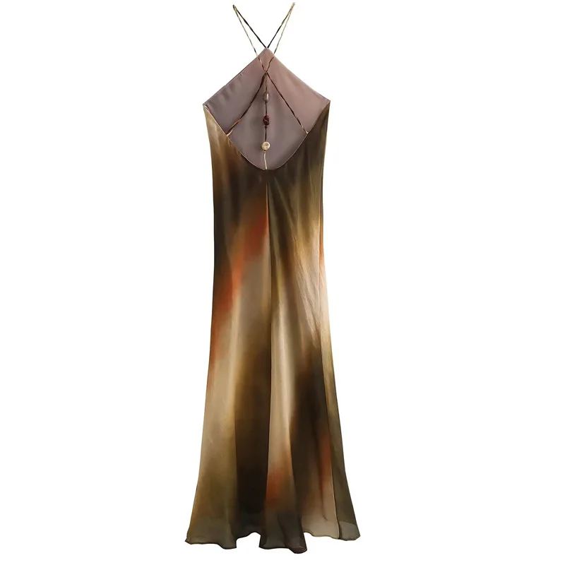 เดรสผูกคอ HXAO ลายมัดย้อม สไตล์วินเทจ สำหรับผู้หญิง เดรสเปิดไหล่ยาวปานกลาง ชุดเดรสยาวเปิดหลังสำหรับฤดูร้อน ชุดเดรสไปเที่ยวทะเล