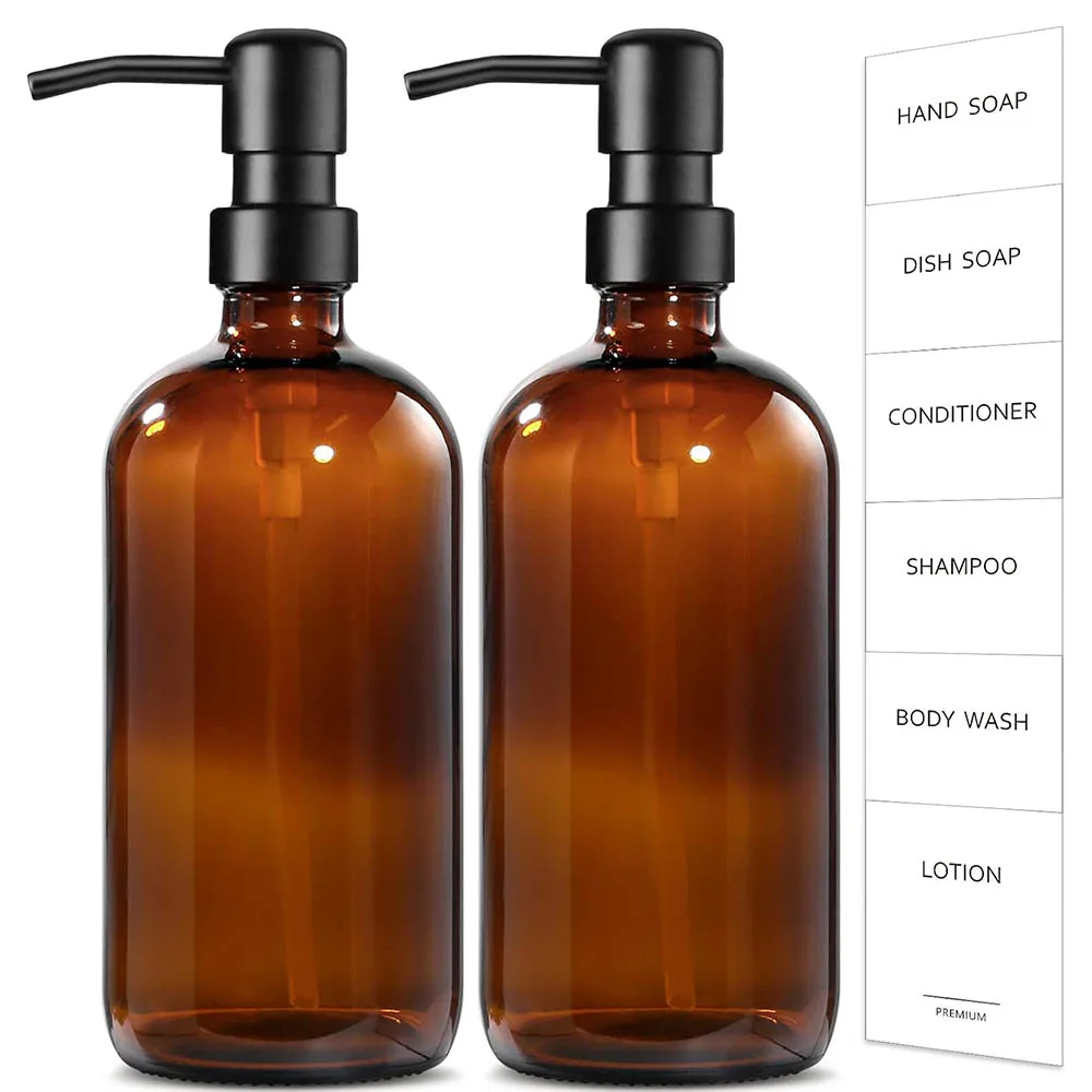 Amber Glass Soap Dispenser, 2 Pack 17oz Kitchen/Bathroom Hand Soap Dispensers with Stainless Steel Pump,Empty Soap Dispensers