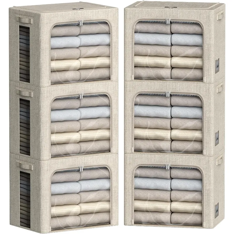 

6 Pack Clothes Storage Bins with Metal Frame Foldable Storage Bins for Clothes Linen Fabric Storage Box with Clear Window (Beige