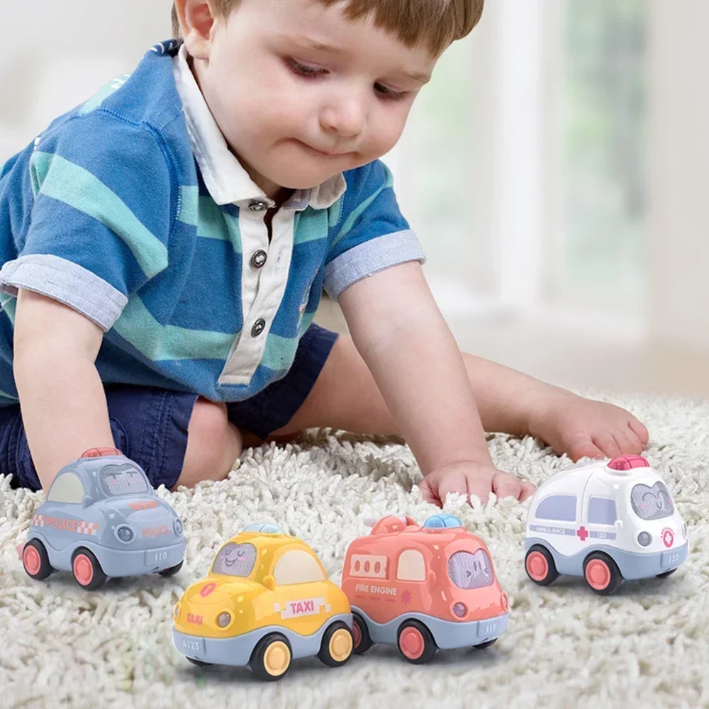 Mini jouet de voiture de dessin animé pour enfants, véhicules modèles à nervures en plastique, camion de pompier et taxi dos, cadeau pour enfants, garçons et filles