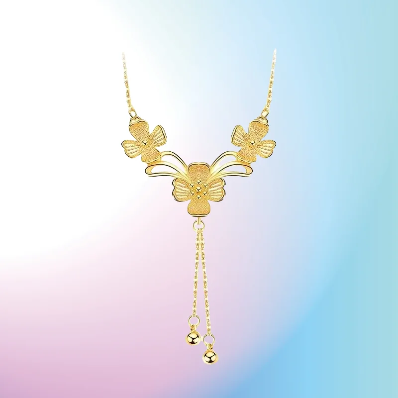 

NEW 9999 real gold 24K yellow gold Long Flower Collarbone Necklace