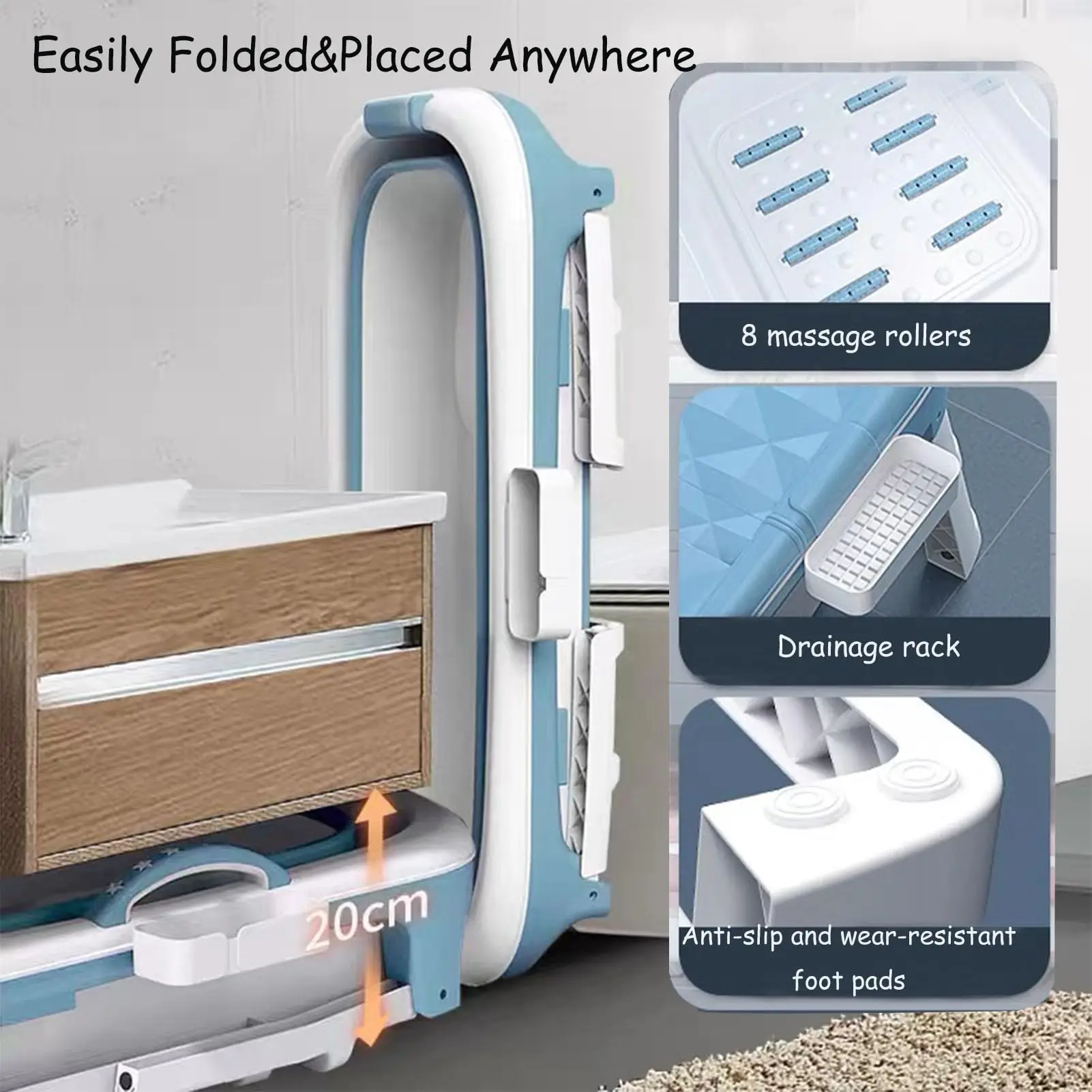 

Портативная складная пластиковая ванна для взрослых 1,48 м, новая, большая вместимость, с массажными роликами