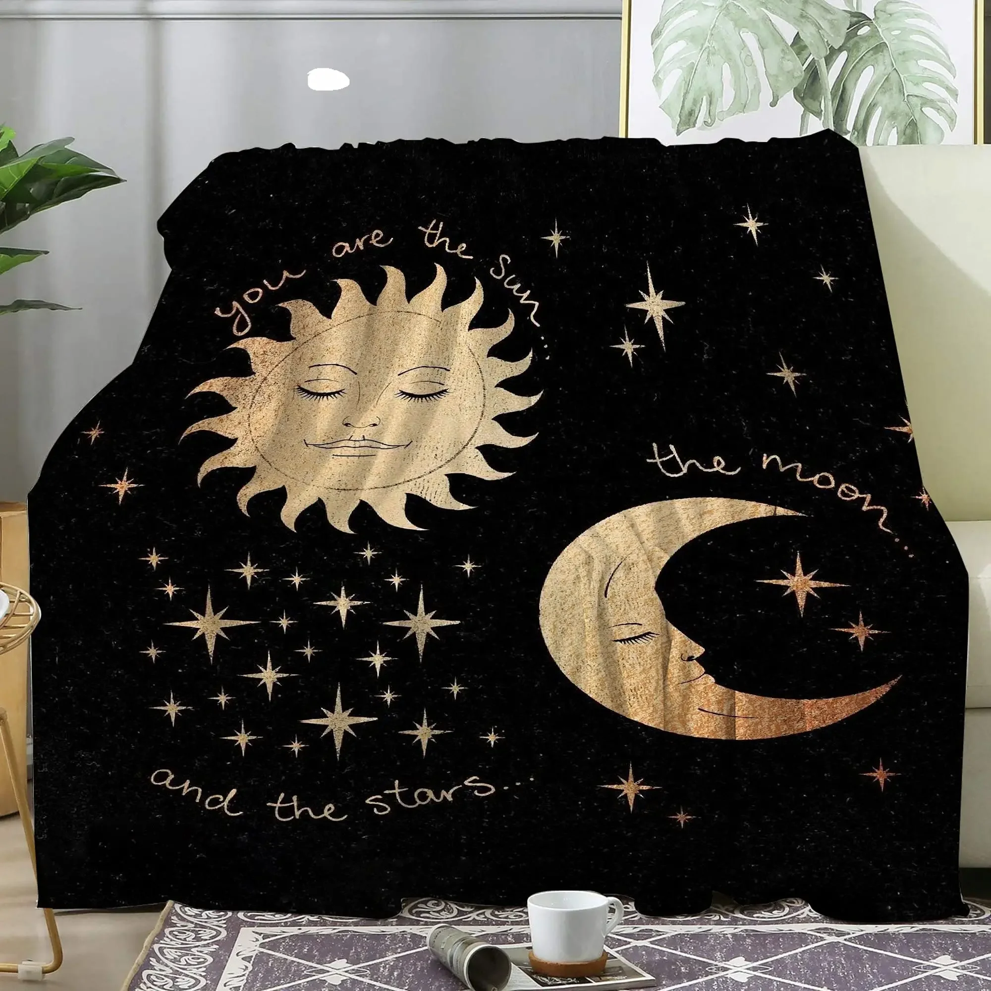 Flannel Throw Blankets Boho Chic Golden Sun Moon and Stars Blue Black Sky Antique Blankets Lightweight Luxury Blanket,Couch Bed