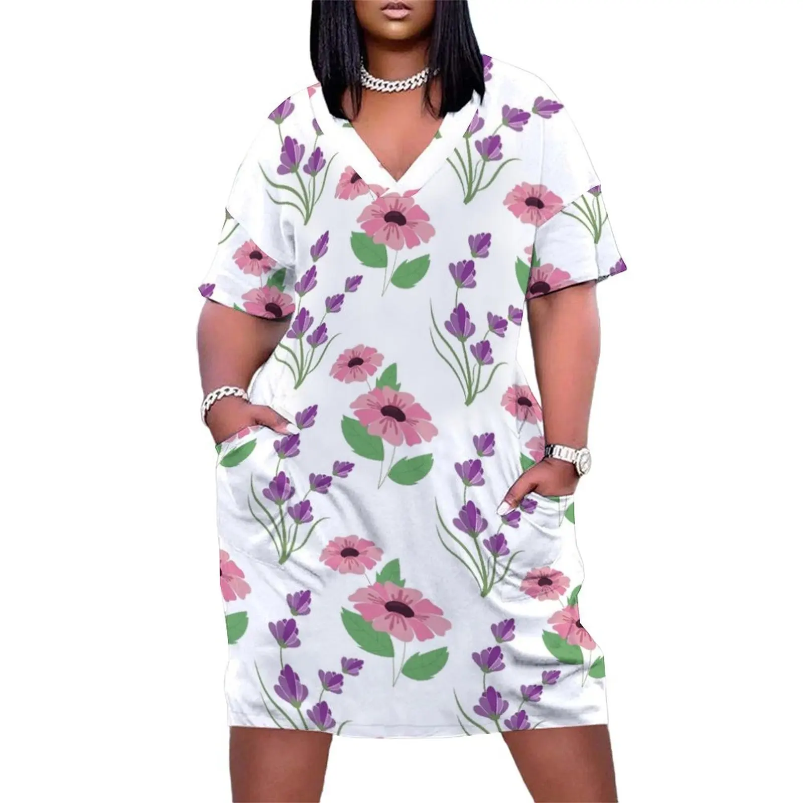 

Beautiful Lavender and daisy flower Pattern Loose Pocket Dress elegant chic women dresses promotion woman dress