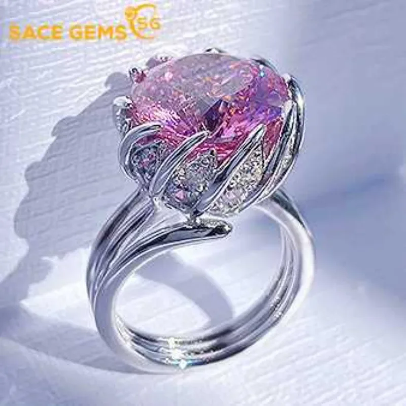 

SACEGEMS New Trend 925 Sterling Silver Raw Rouge Powder Lotus 7.5ct Zircon Rings for Women Engagement Cocktail Party Fine Jewelr