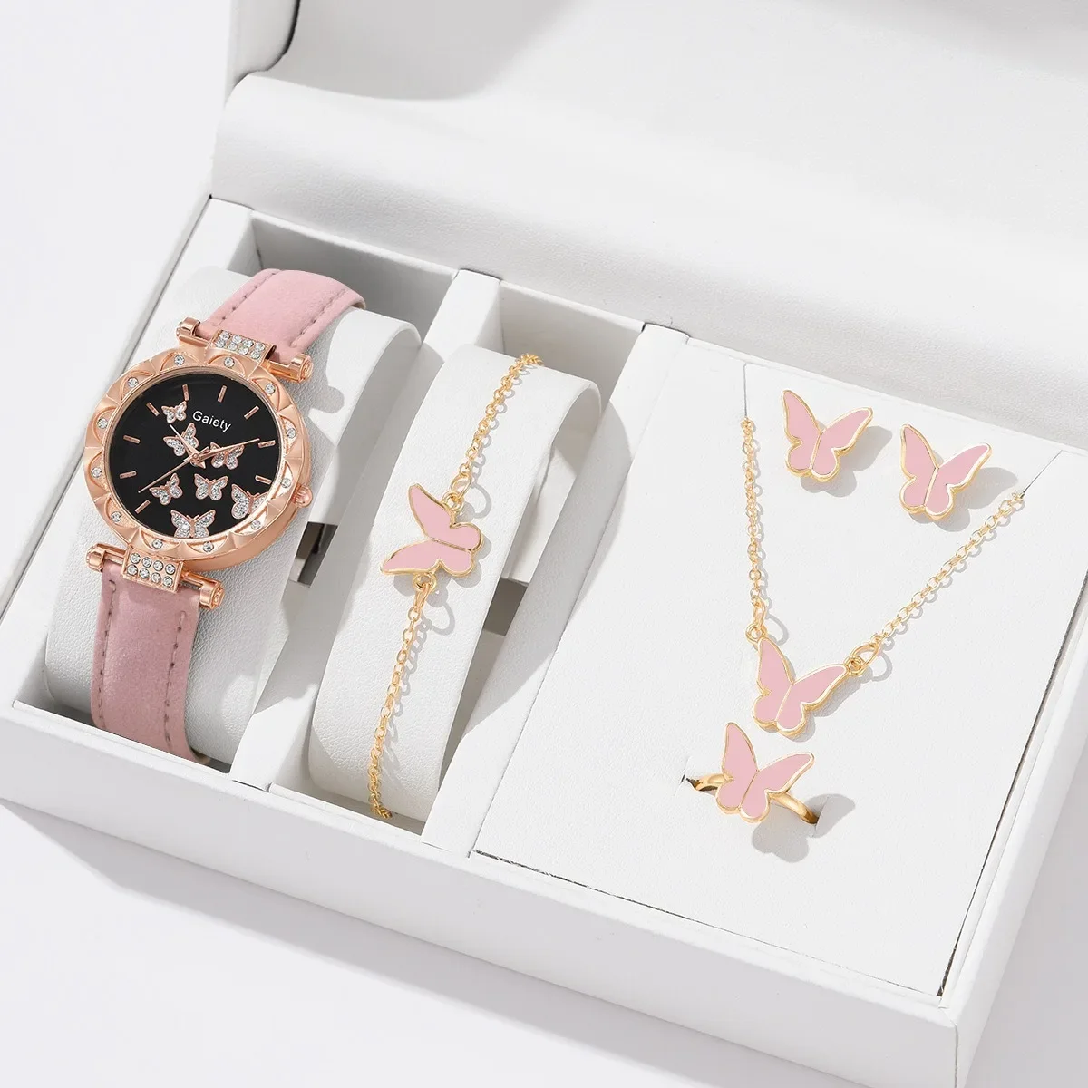 Women Watch Ring Necklace Earrings Bracelet Set Watches Butterfly Leather Strap Ladies Quartz WristWatch (No Box)