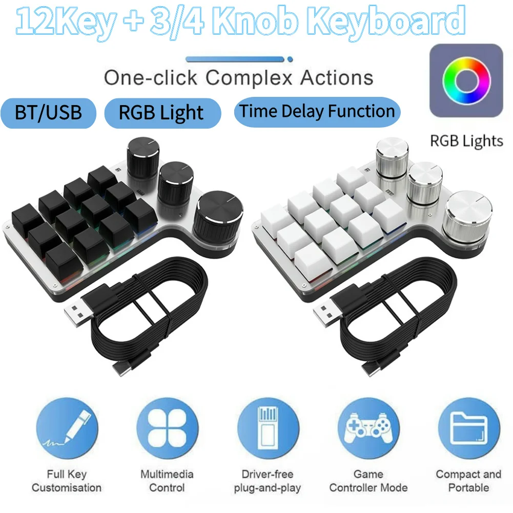 Programmable Shortcut Key 7 Colors Light Multifunctional Keypad Bluetooth-Compatible Mini Keypad USB Wired for PC Macbook Laptop