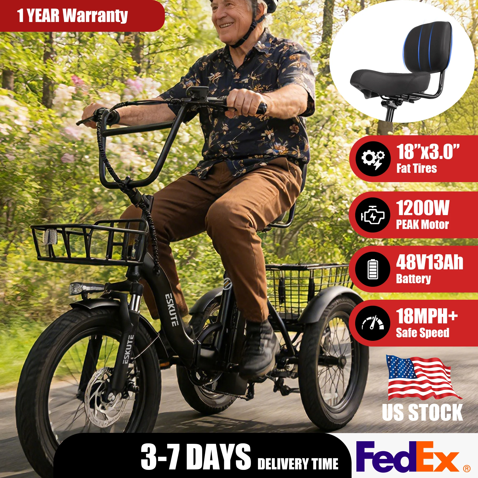 

ESKUTE T300 Electric Trike for Adults, 624Wh Battery, 1200W Peak Motor, 18"x3.0" Fat Tires, Foldable 3-Wheel E-Bike