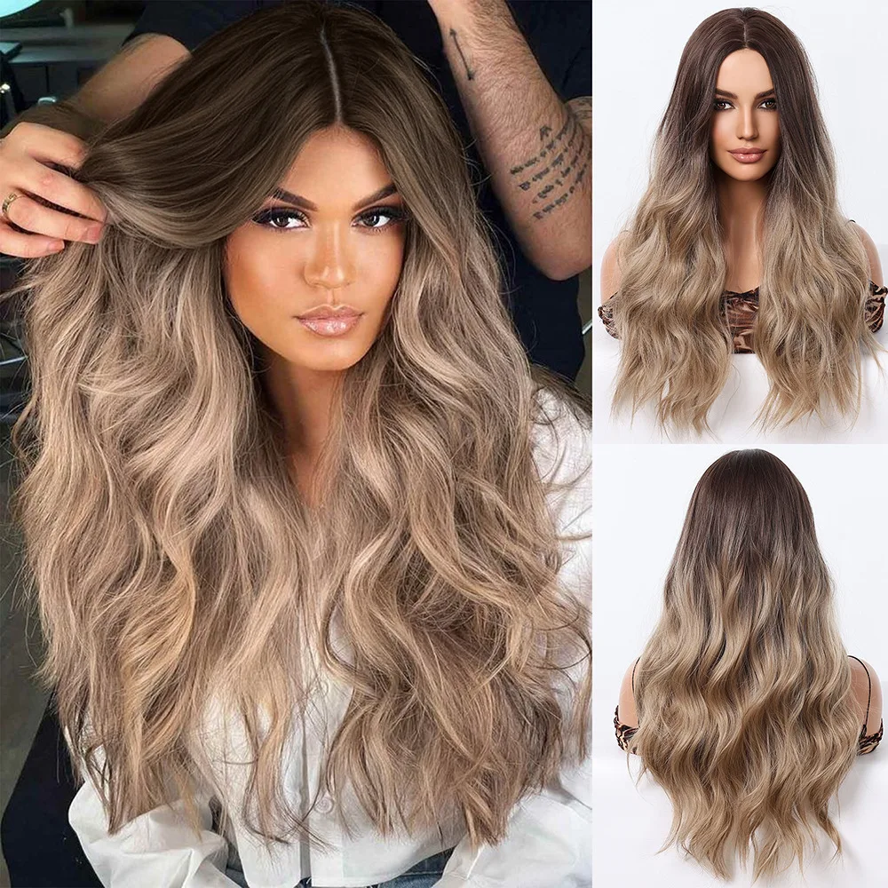 

European and American style women's wig, medium and gradual change blond brown long curly hair corn perm daily high temperature