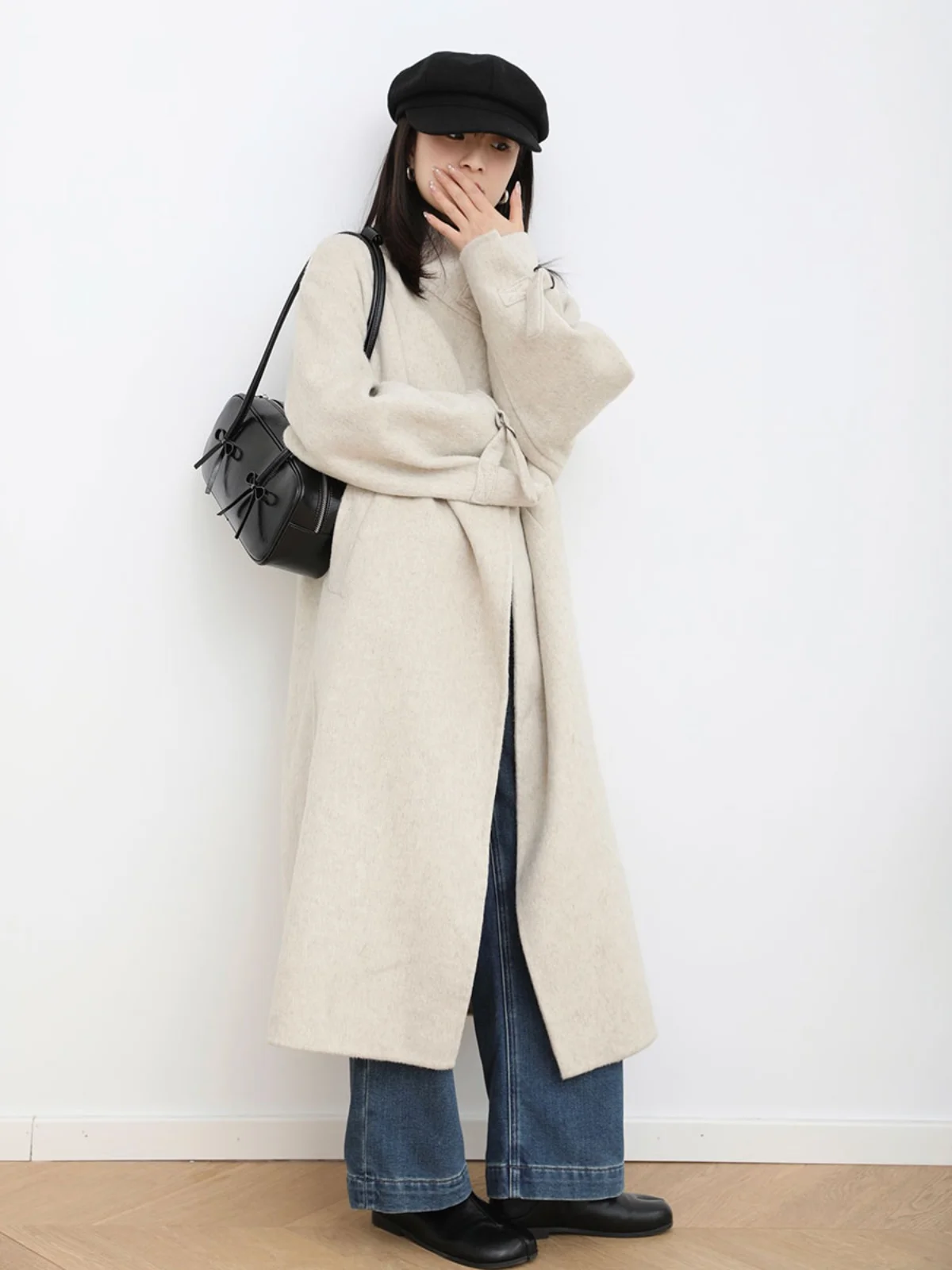 

Двустороннее шерстяное пальто Tee-wood Socie, элегантный корейский свитер средней длины небольшого размера, воротник-стойка на пуговицах