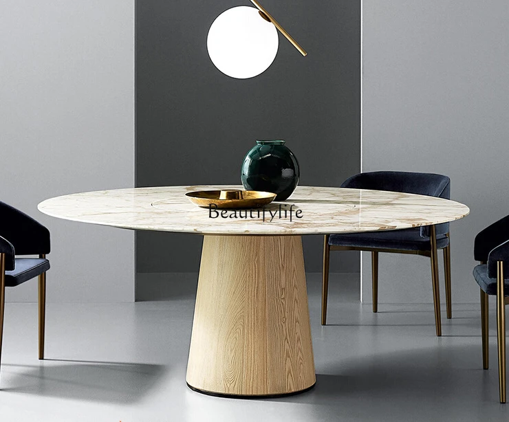 

Green Natural Marble round Dining Tables and Chairs Set Simple Modern Household Rice Table with Turntable