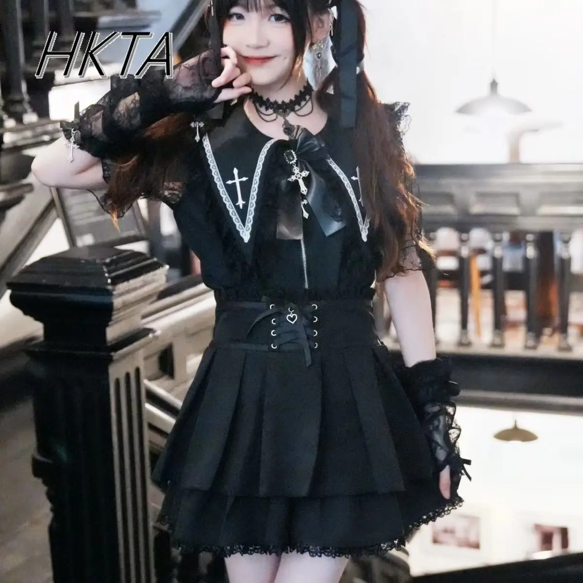 Japanese Mines Black Love Pendant Ribbon Black Skirt Slim and Thin Lace Mass-produced High Waist and Versatile Short Strap Skirt