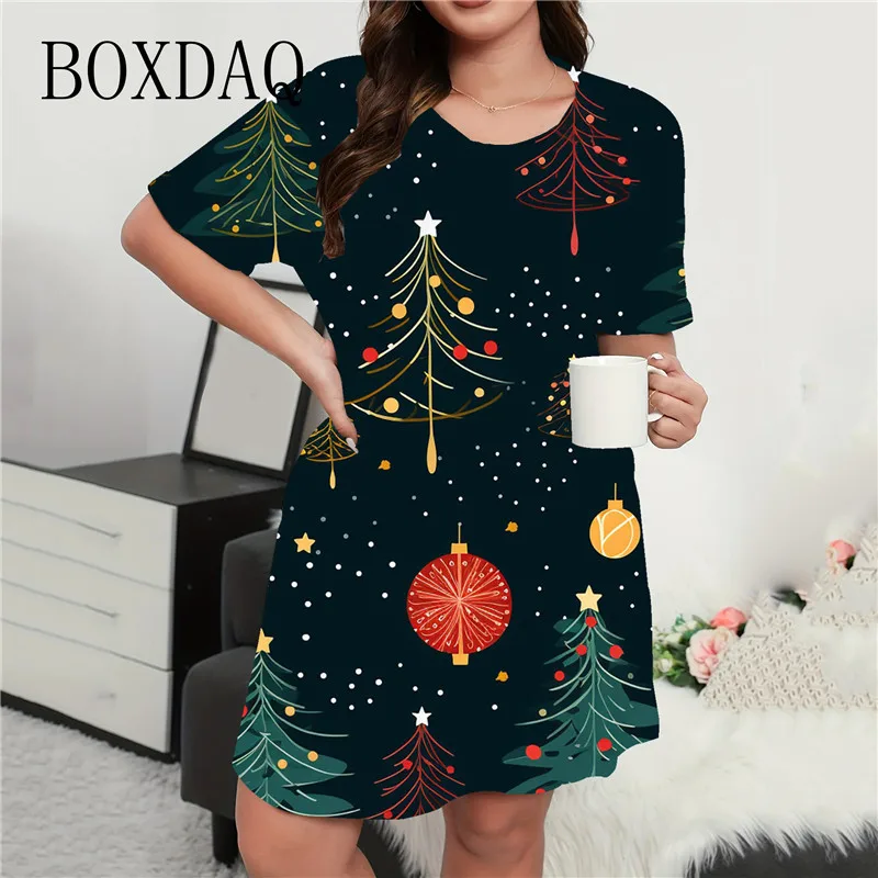 Cartoon Christmas Tree Print Dress For Women Fashion Short Sleeve Loose A-Line Dress Casual Christmas Party Evening Mini Dresses