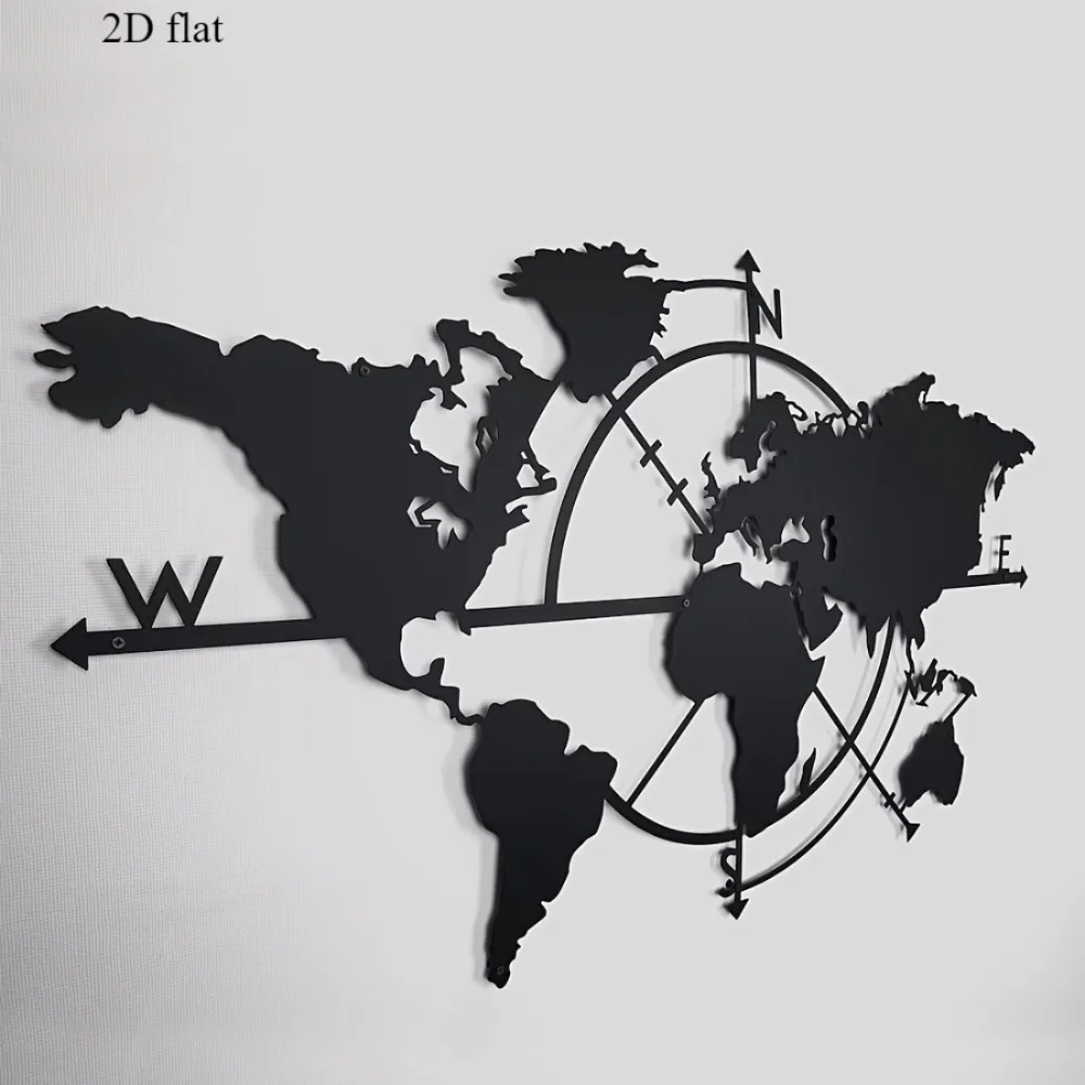 1pc 2D Flat Metal World Map Compass Wall Art Retro Ocean Graphic Christmas Gift Home Decor