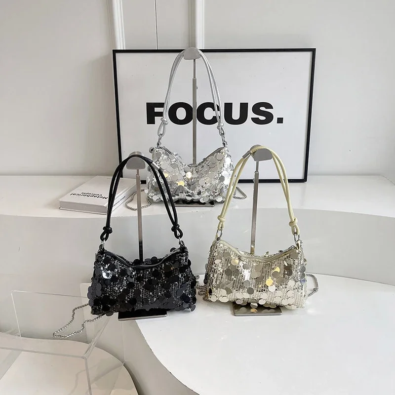 Shiny Sequined Chains PU Shoulder and Crossbody Bags Solid High Quality Light Luxury Hand Bags for Women 2024 Fashion New