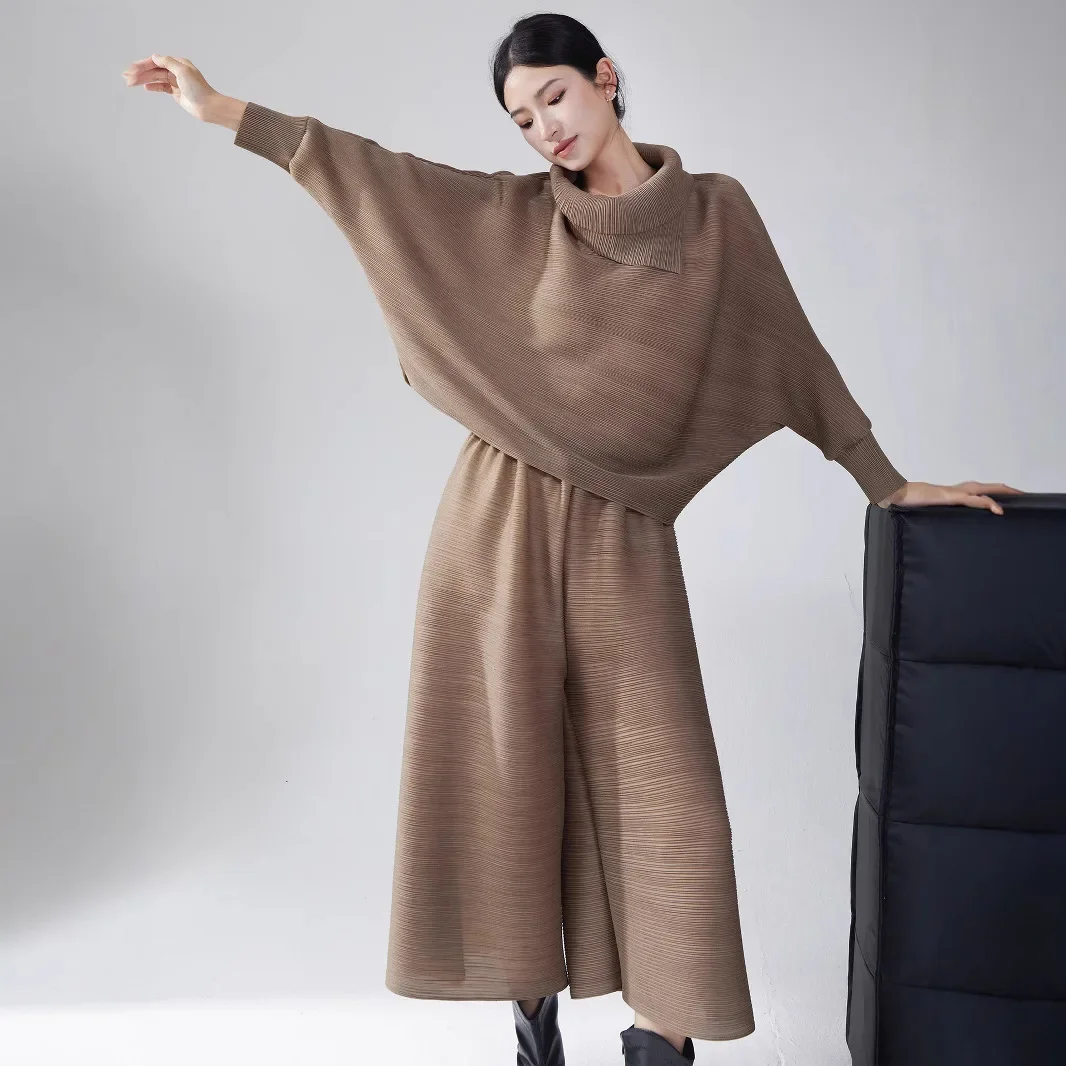 2024 Autumn Arrival Women's Premium Elegant Batwing Sleeve Blouse Oversized Wide-Leg Pants Inclusive Miyake Relaxed Fit Dress