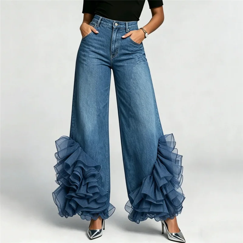 Women High Waist Wide Leg Denim Jeans Mesh Tulle Ruffle Hem Loose Flared Trousers Chic Street Party Wear Ladies Fashion Denim