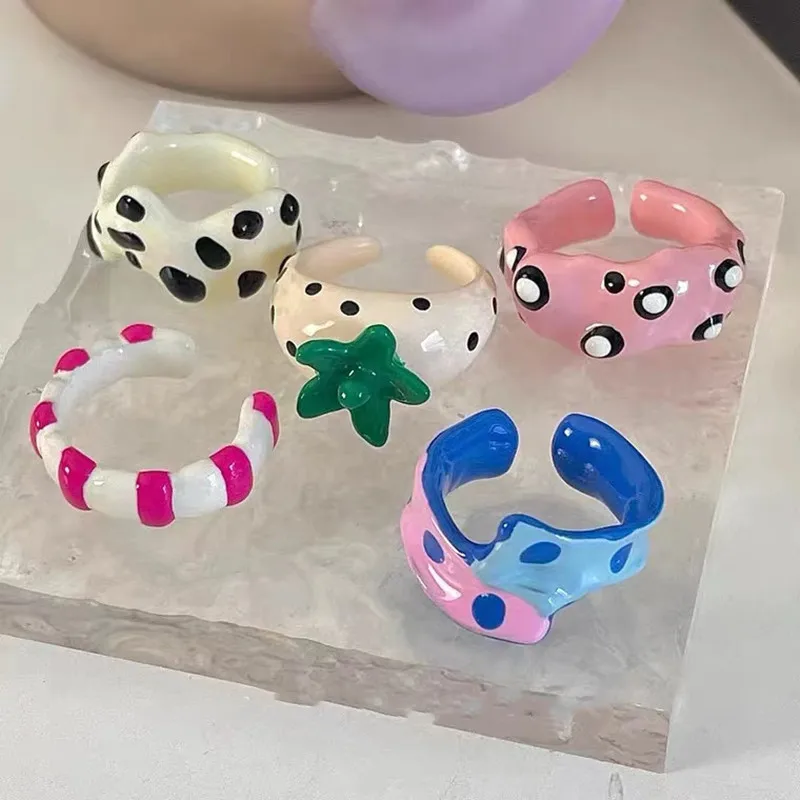 Y2K Jewelry Candy Color Polka Dot Cow Rings For Women Cartoon Cute Korean Charms Rings Pink 90s Aesthetic Kawaii Accessories