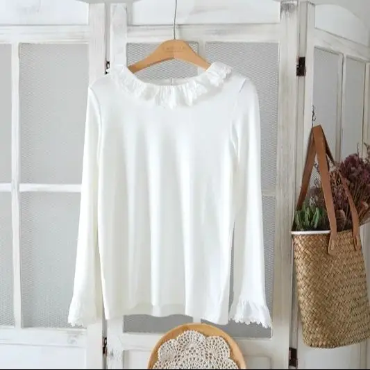 

2025 Mori kei Japanese fashion lace crochet collar white t shirt women pullover 100% cotton long sleeve basic tops