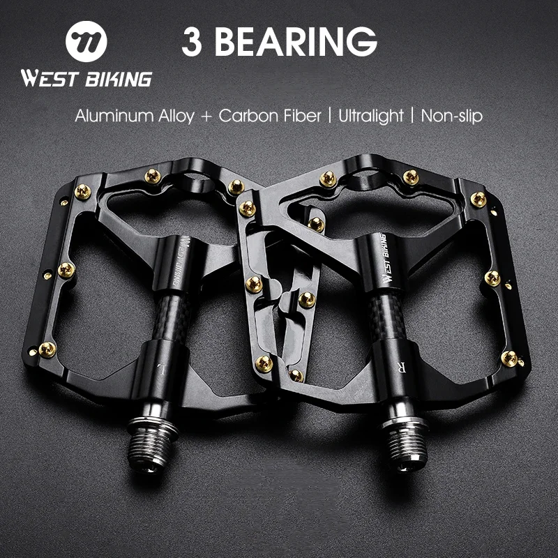 WEST BIKING Bicycle Pedals Carbon Fiber 3 Bearings Pedal MTB 16 Nail Anti-slip Bicycle CNC Aluminum Ultralight Pedal