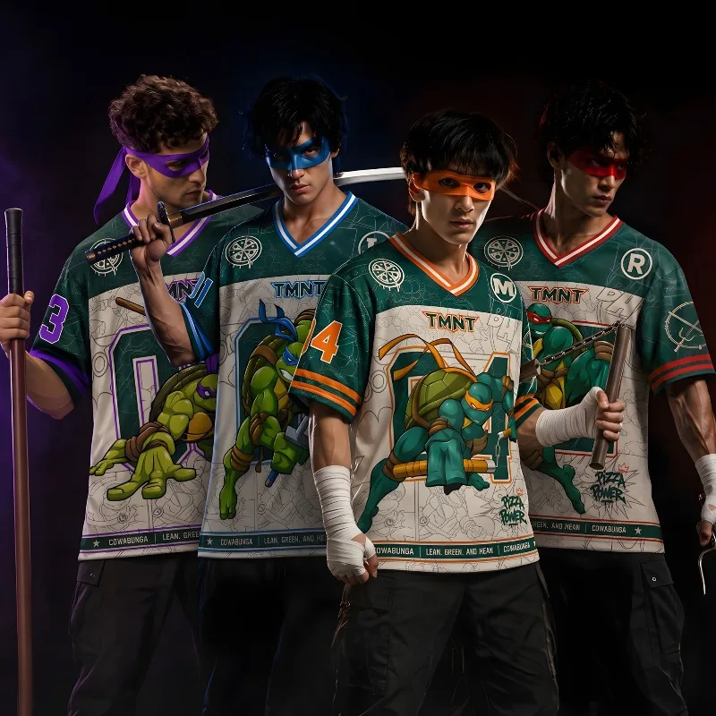 4Pcs Ninja Turtle Inspired Hockey Jersey Set, Full Print V Neck Mesh Sports Jersey, Unisex Streetwear Short Sleeve Uniform